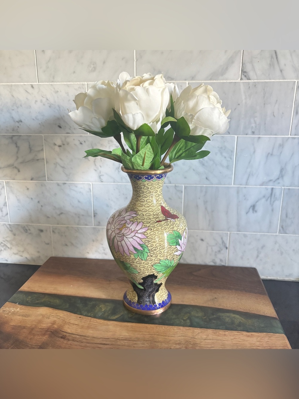 Vintage Enamel Brass Cloisonné Vase with Flowers